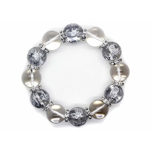 Ishiki Natural Quartz Crystal 16mm Silver Carved Four Divine Beasts Quartz Crystal 16mm Prayer Bead Bracelet for Money, Career, and Wealth (b329)