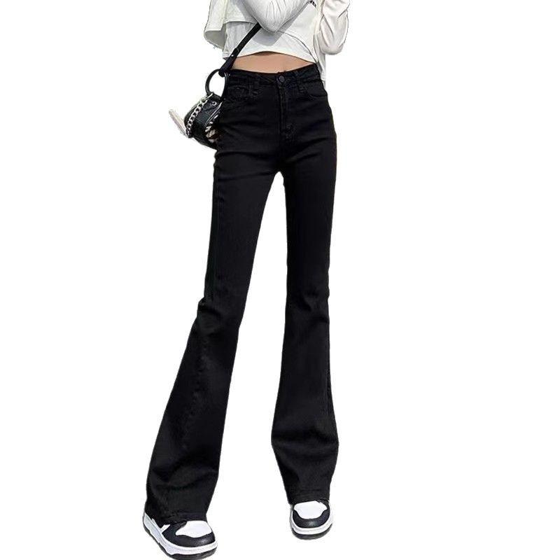 Spring 2025 Women's High-Waisted Black Micro-Flare Jeans - Slimming Stretch Flared Korean-Style Pants