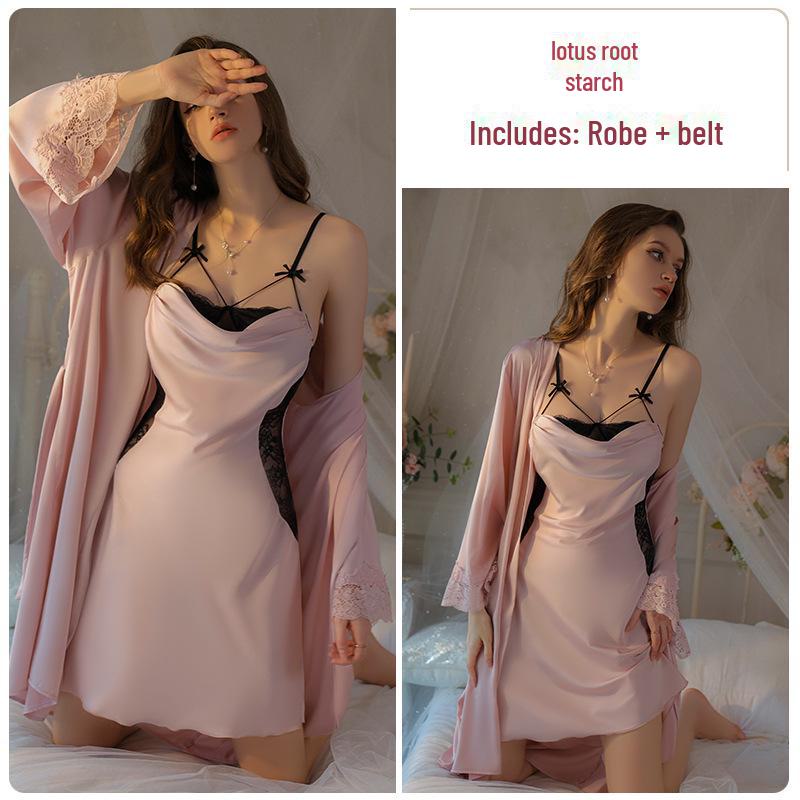 DZ Rose Satin Lace See-Through Deep V Suspender Skirt with Outer Robe Home Set