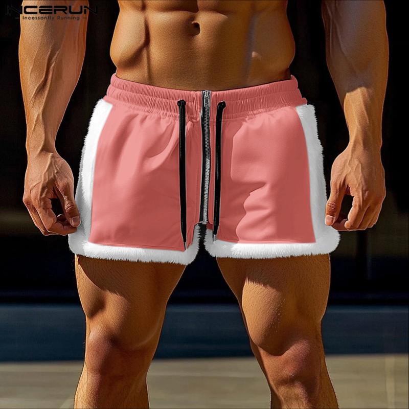 INCERUN Pánské mini kraťasy se stahovací šňůrkou, šitím, elastickým pasem, chlupatou patchworkovou domácí obuví