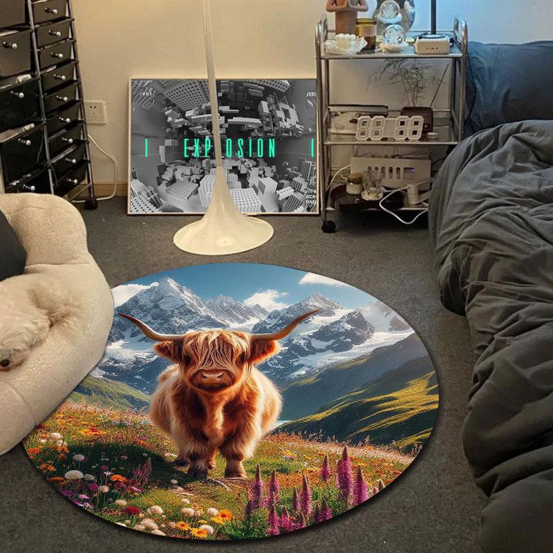 Beautiful Highland Cow Mountain Meadow Carpet, Warm Brown Vintage Feel, Lovely Piece for Nursery Baby Room and Toddler Area with Calm