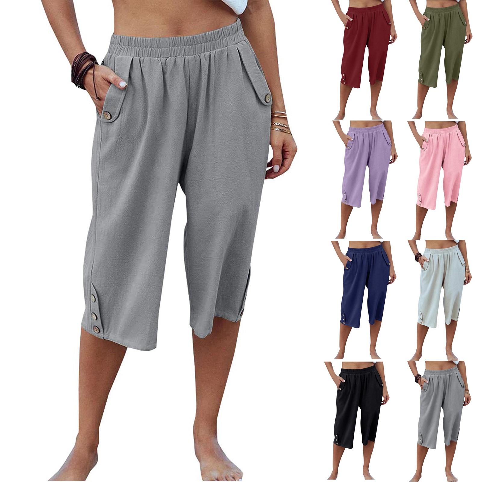 

Льняные брюки для женщин, повседневные однотонные брюки, однотонные брюки 3/4 с высокой талией и карманом