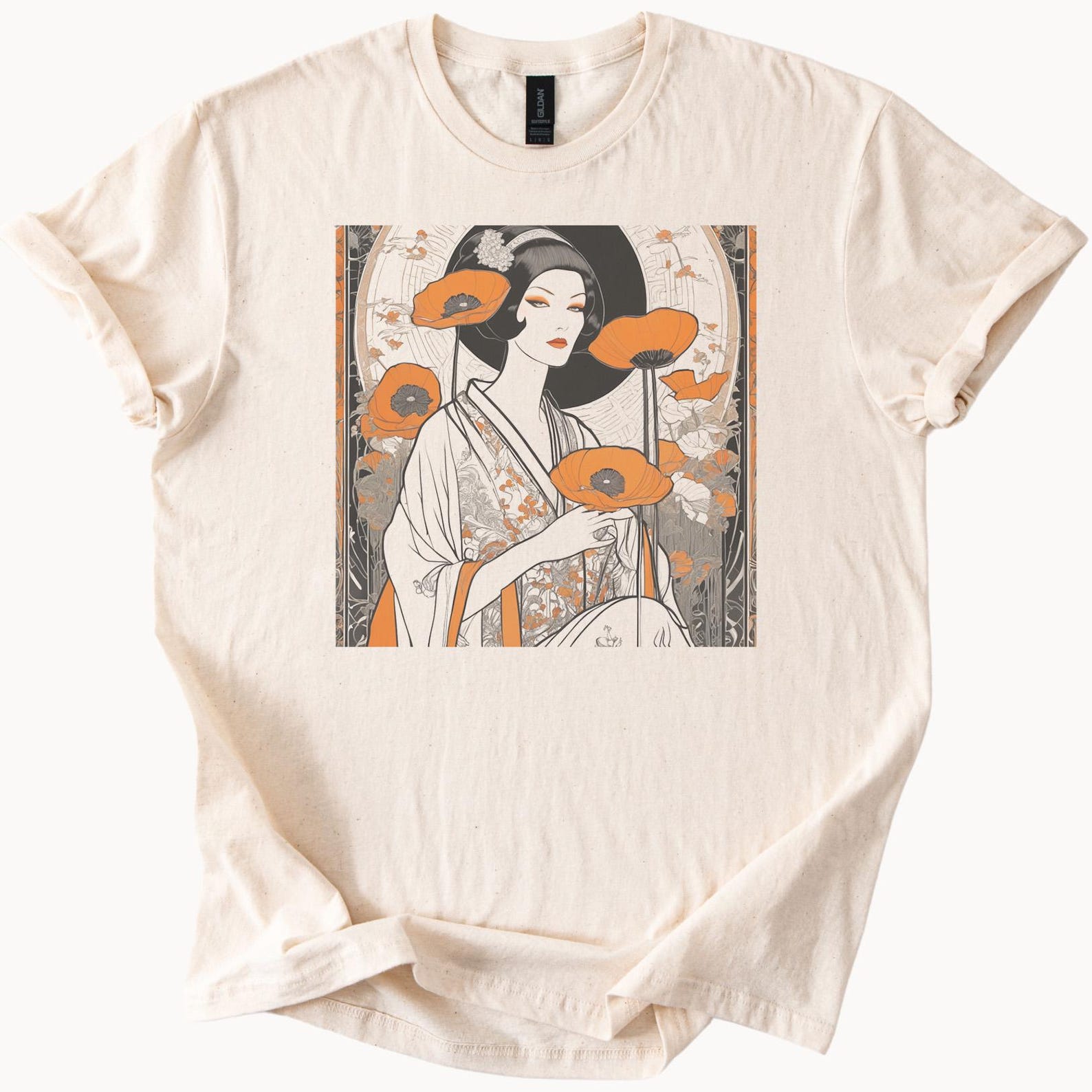 art nouveau geisha poppy flower graphic japanese kimono t shirt orange 150