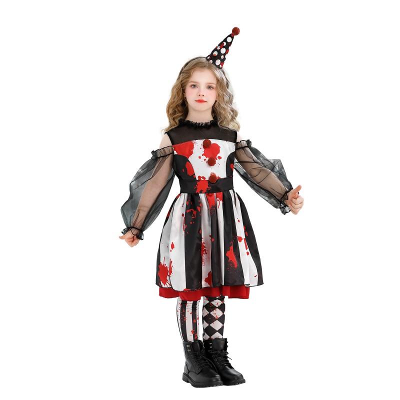 Kids Clown Costume Dress Set Halloween Carnival Circus Party Performance Outfit Girls Long Sleeve Lace