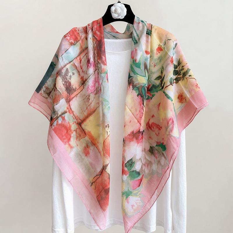 [Variety sunscreen shawl retro printed square scarf women's summer silk cotton silk scarf