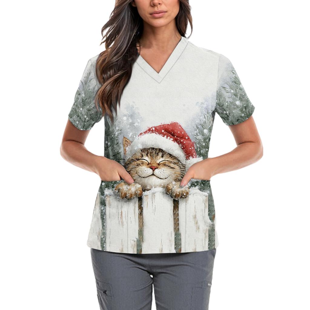 Women's Cute Bow Printed Work Clothes V-neck Double Layer Pockets Basic Short Sleeve Top Pullover