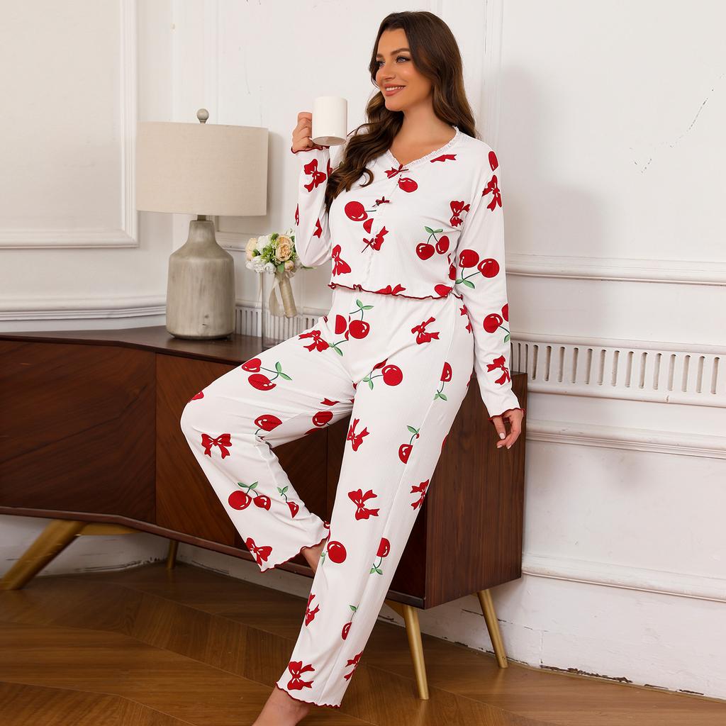 spring autumn Women Pyjamas long sleeve Tops and long pant Pijama casual Pajamas Set Loungewear plus size 2 Pieces Set Sleepwear