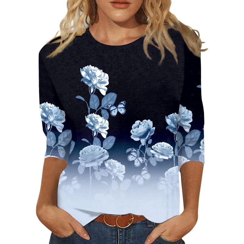 Women's T-shirt 3d Print Vintage Floral Print Casual Long Sleeve Round Neck Regular Tops Daily Print Pink, Spring and Autumn