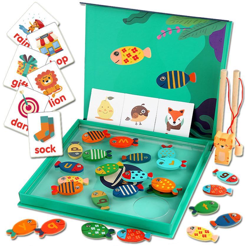 Kids Montessori Toy Wooden Magnetic Fishing Game Fine Motor Skill Counting Catch ABC Alphabet Fish Cognitive Toys Spelling Games