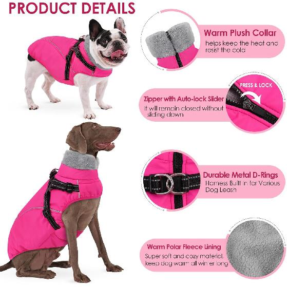 AOFITEE Dog Jacket with Harness Built in, Waterproof Dog Coat for Small Dogs, Warm Fleece Pet Puffer Vest with Zipper on Back & Furry Collar,