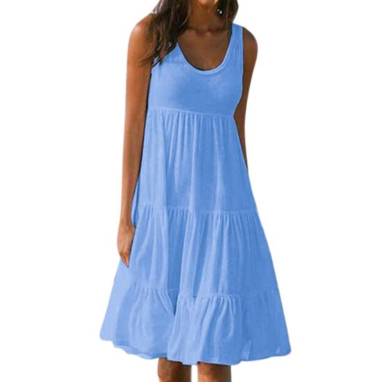 Beach Summer Loose Pleated Sundress Women Solid Color Sleeveless Midi Dress