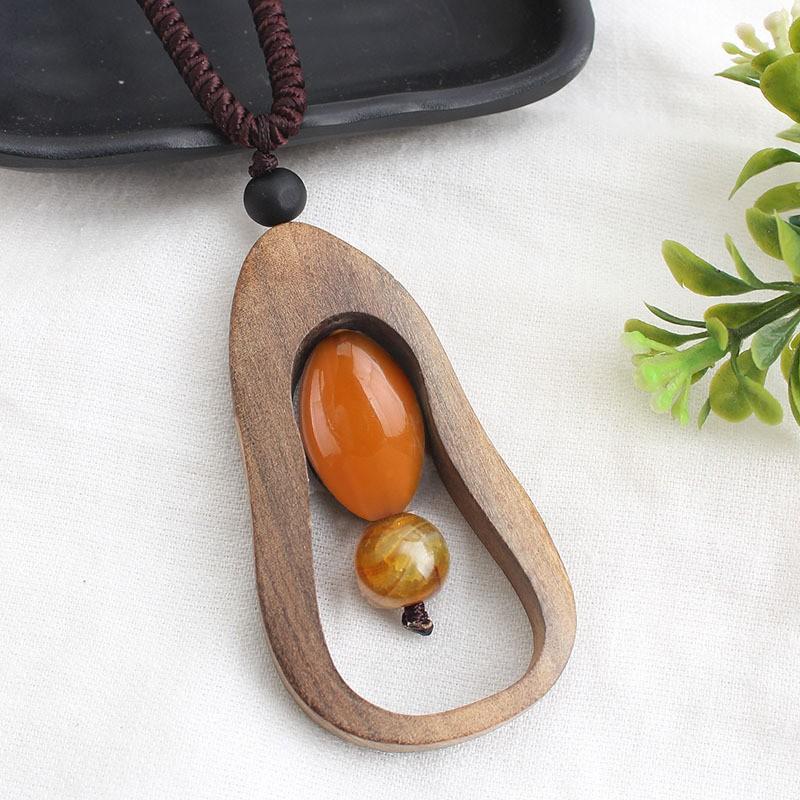 Handmade Wooden Pendant Necklace Ethnic Boho Style Long Chain Leaf Design Natural Women
