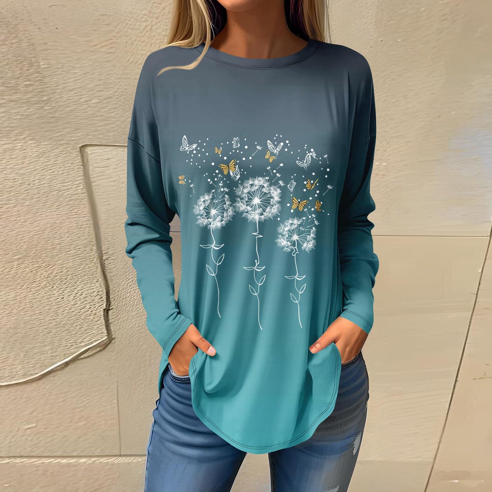 

Женская повседневная футболка с круглым вырезом и цветочным принтом, длинный рукав S