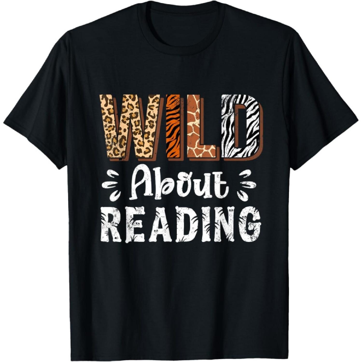 Wild About Reading Books Reader Lover Animals Leopard Zebra T-Shirt S