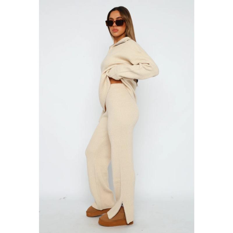 Frauen lose gestrickte Pullover Langarm übergroße hohe Kragen warme Pullover Mode weibliche Herbst Büro Casual Pullover Top Wolle Reißverschluss Anzug zweiteilig