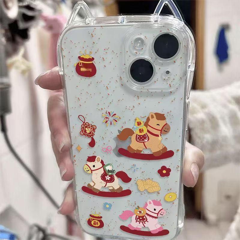 Cat Ear Ink Splash Fireworks Fu Lu Ma Case for Apple 17PRO/16/15/13 Pro Max 12, Korean Style