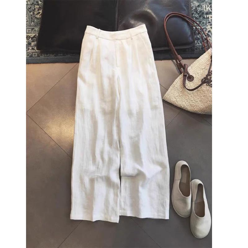 CHAOhu Old Money Style Relaxed White Pleated Linen Casual Long Pants Small