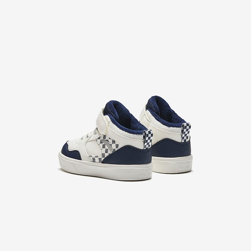 Anta Kids Synthetic Leather Plush Comfortable Warm Mid-Top Walking Shoes Baby Shoes White Deep-Blue A12440055-2