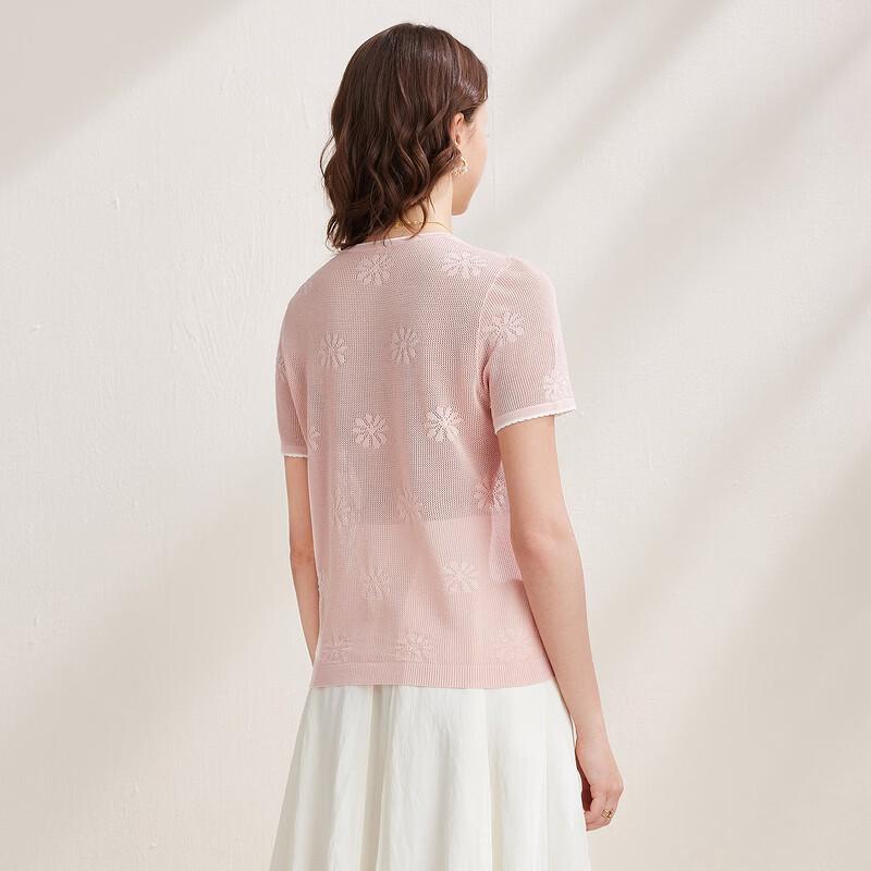 Women's Mulberry Silk Floral Jacquard Knit Short Sleeve Top