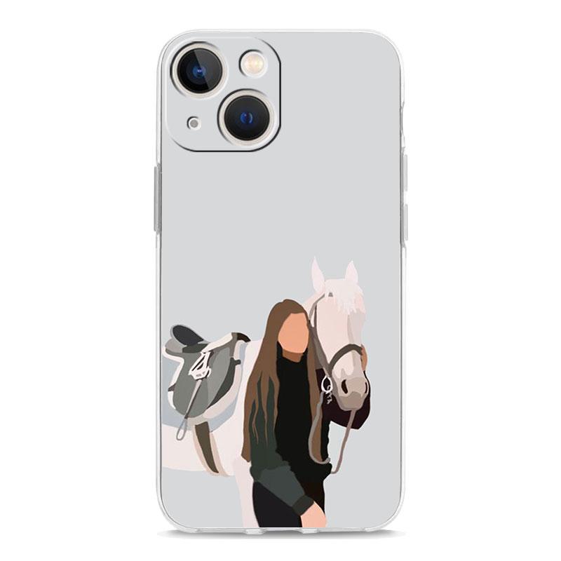 Animal Galloping Horse Girl Drawing Luxury Phone Case For iPhone 15 16 14 13 12 11 Pro Max XS X XR SE 7 8 Plus Clear Cover