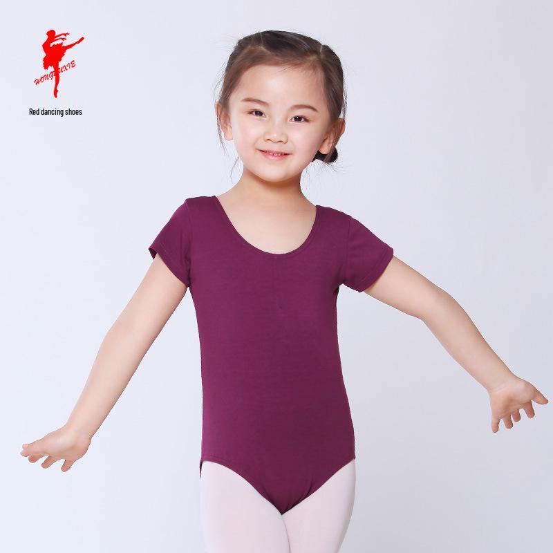 Red Children's Ballet Bodysuit - Short-Sleeve Cotton Leotard for Girls, Practice and Dancewear Style 5007