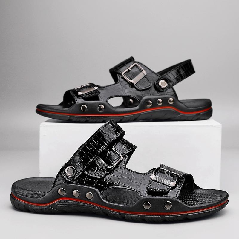 Romerske sandaler for menn svart hvitt skinn Gladiator sandaler utendørs sommer romerske sandaler for menn Peep Toe åpen tå strandsko