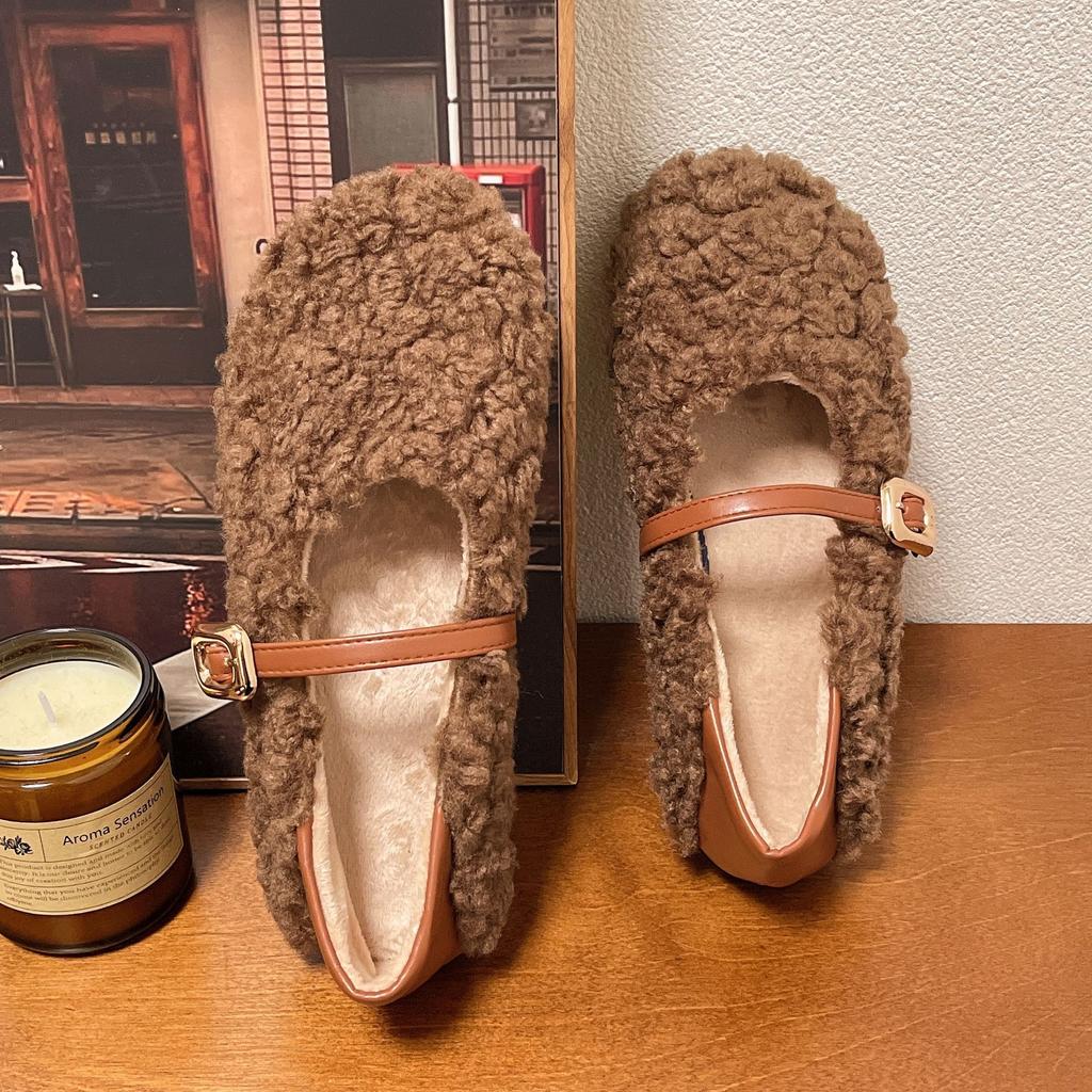 Gentle word with flat bottom velvet Mary Jane Doudou shoes fairy wind fluffy shoes women wear 2025 autumn and winter new models