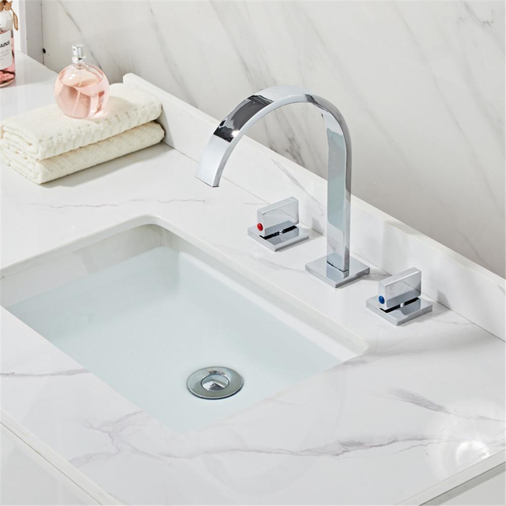 

Brushed Gold Basin Faucet Sink Tap Gold Square Brass Faucet Bathroom Sink Faucet 3 Hole Double Handle Hot And Cold Water Tap