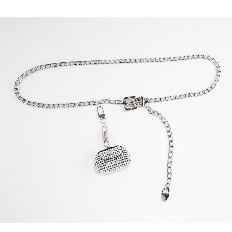 Silver Chain Waistband With Small Bag Womens Clothing Dresses Coats Accessories