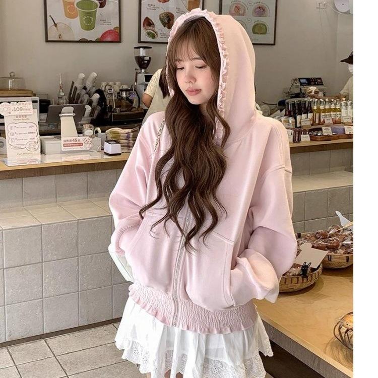 Zipper Cardigan Jacket Women's Sweet Pink Hoodies Woman Tops Ruffles Spring Autumn Sweatshirts Hooded