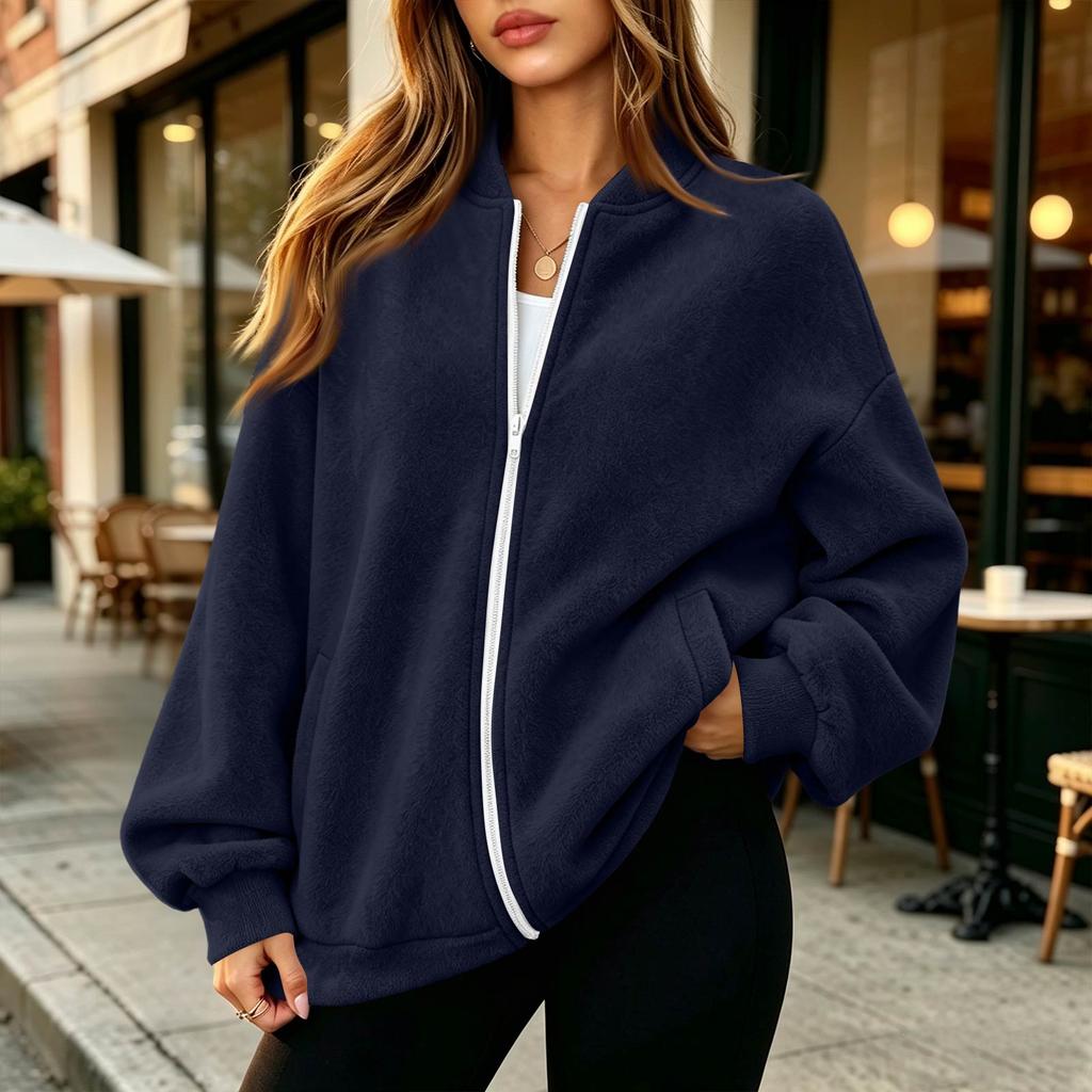 Women's Long Sleeve Baseball Collar Zipper Jacket, Loose Fit, Color
