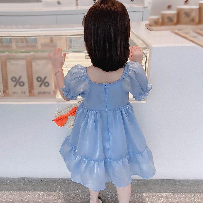 Summer Girls Pure Color Square Neck Puff Sleeve Princess Dress