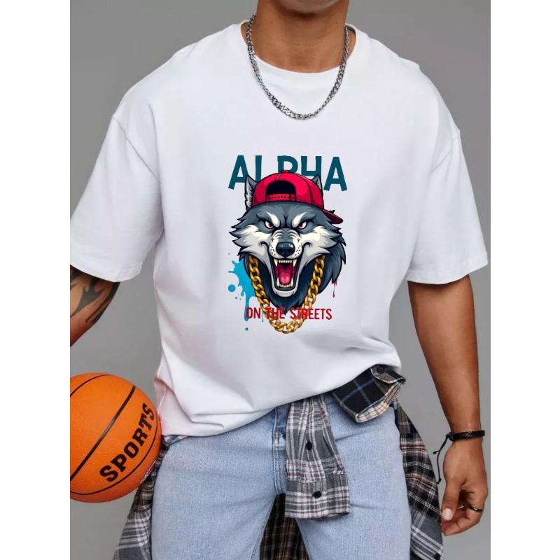 Alpha Wolf Graphic T Shirt White Street Style Wolf with Red Cap and Gold Chain Print for Casual Wear