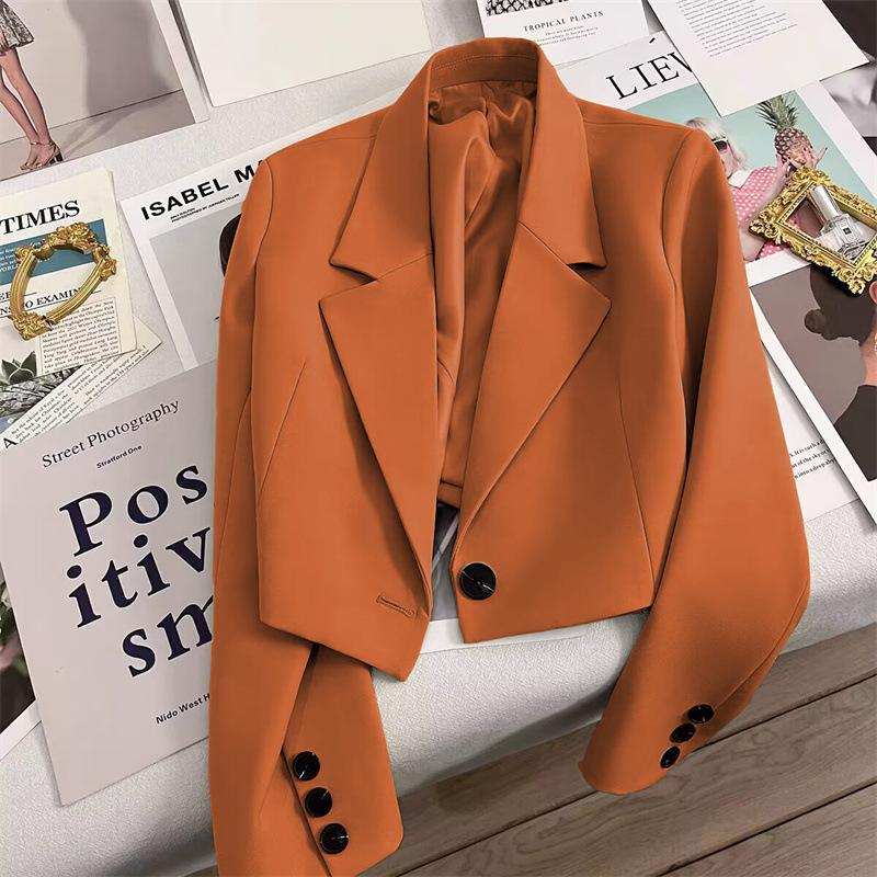 Women's One Button Short Blazer, Polyester Long Sleeve Notched Lapel Regular Fit Elegant Commuter Suit Jacket