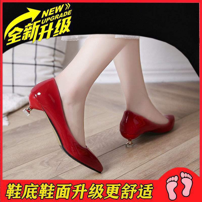 3Cm cat heel low heel spring and autumn thin heel bright leather single shoes pointed black candy color versatile simple comfortable work shoes