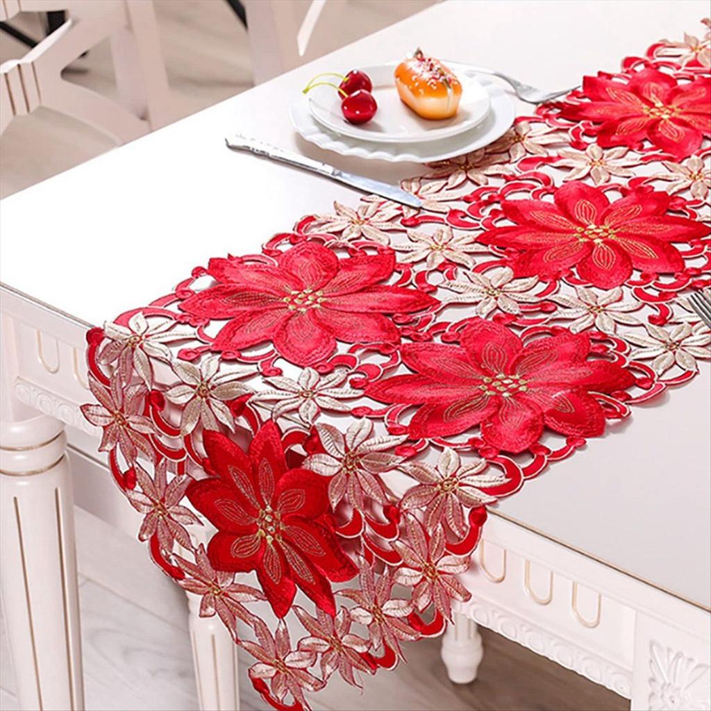 BHBL Christmas Table Runner, Poinsettia Holly Leaf Embroidered Table Linens for Christmas Decorations 15 X 86 Inch