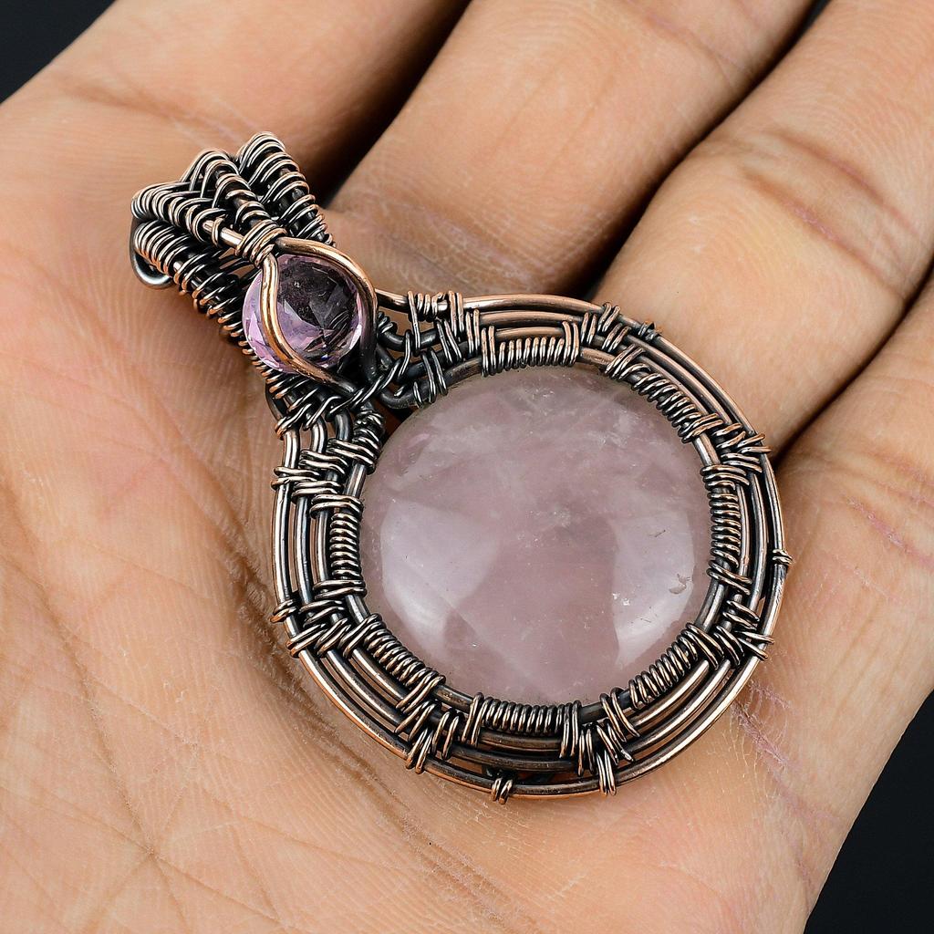 Rose Quartz Jewelry, 999 Copper Wire Wrapped Pendant Handmade Gemstone Jewelry, Gifts For Wife Brand New Pendant