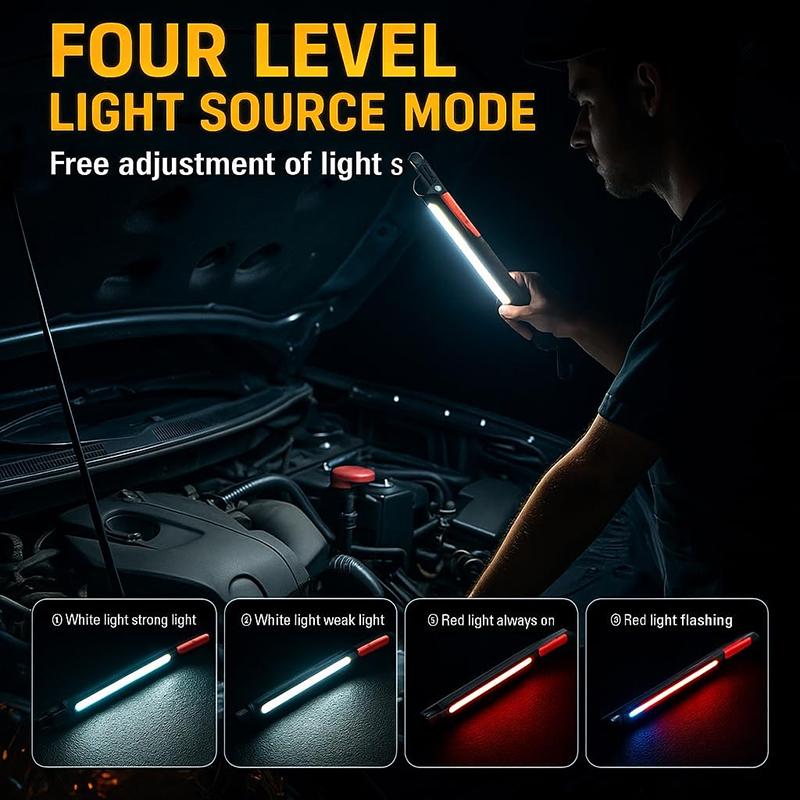 Magnetické nabíjecí LED pracovní světlo, USB 4 režimy Přenosná inspekční lampa Pod kapotu Tyč s hákem Bez rukou