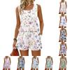 Women's Summer Casual Shorts Two-Piece Set with Floral Print Vest, Square Neck, Sleeveless Sportswear with Pockets
