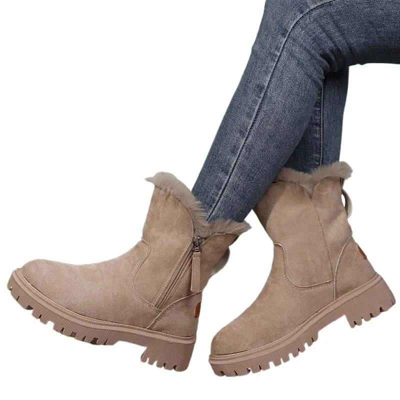 

Обувь для женщин 2024 года, женские ботильоны, теплые современные ботинки, женские, с круглым носком, со средним каблуком, с боковой молнией, большие размеры, женская обувь Zapatos 42 абрикосовый