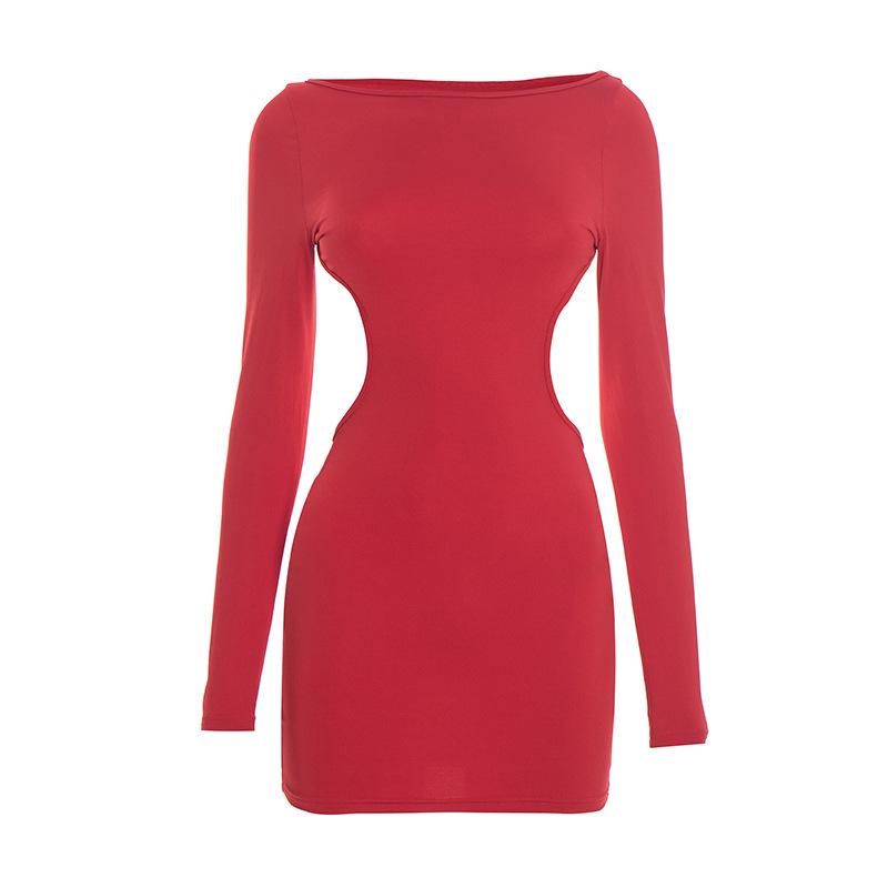 European & American Women's Autumn/Winter Solid Color Cutout Bowknot Slim Fit Long Sleeve Dress