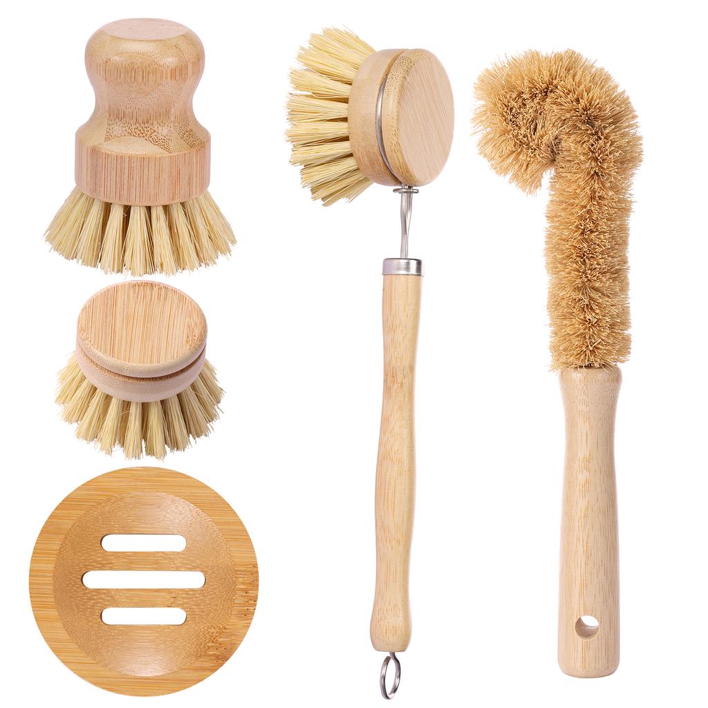 Bamboo Dish Brush Set Pot Cleaning Brush Long Handle Kitchen Dishes Scrubber Strong Decontamination Rust Removal Utensils