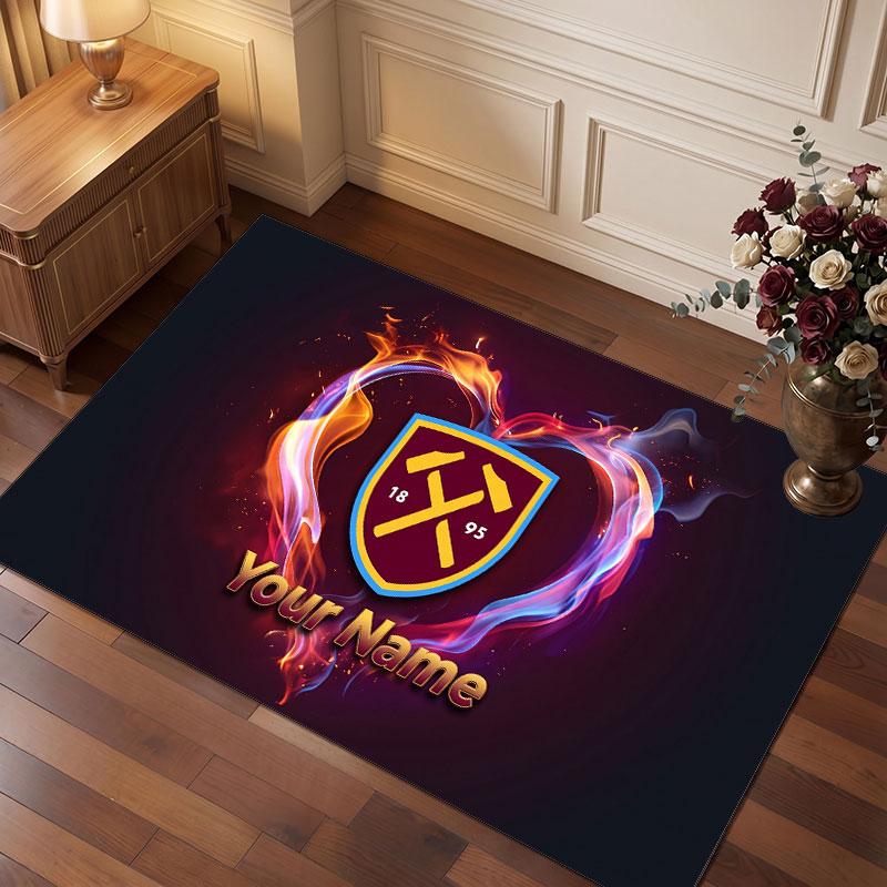 West Ham United Football Custom Crystal Velvet Rug, Personalized Name Text Print, Football Logo Soft Non‑Slip Floor Mat Home Decor Gift