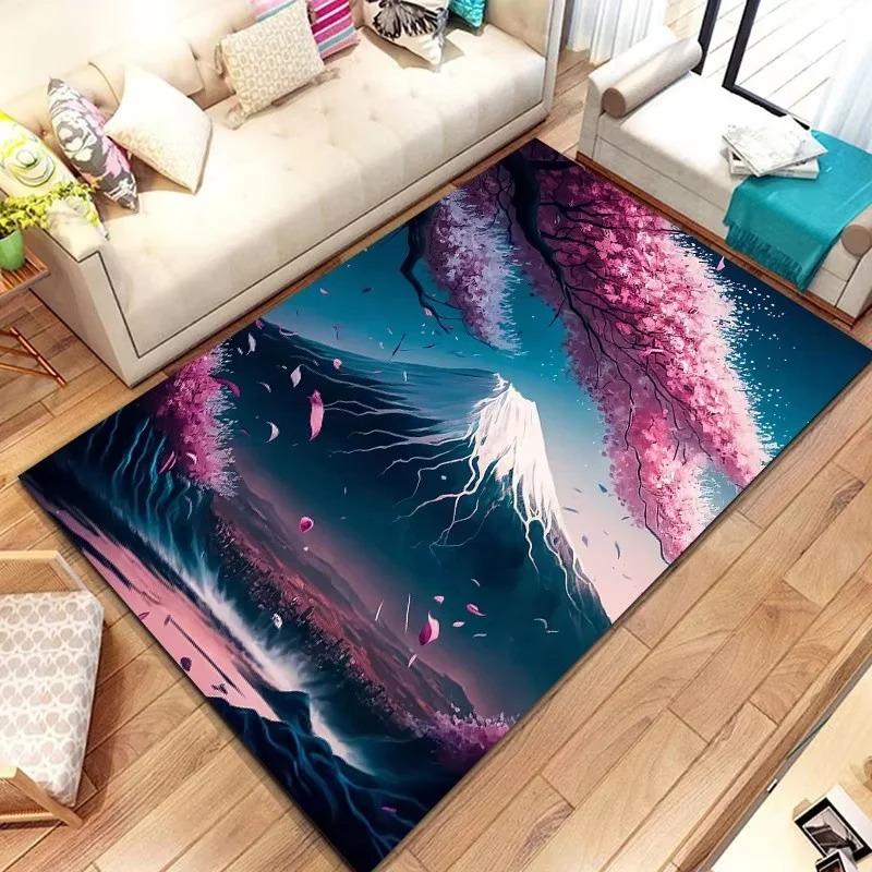 Japanese Landscape Print Rug with Cherry Blossom & Fuji Mountain for Bedroom and Sofa Entryway Decor