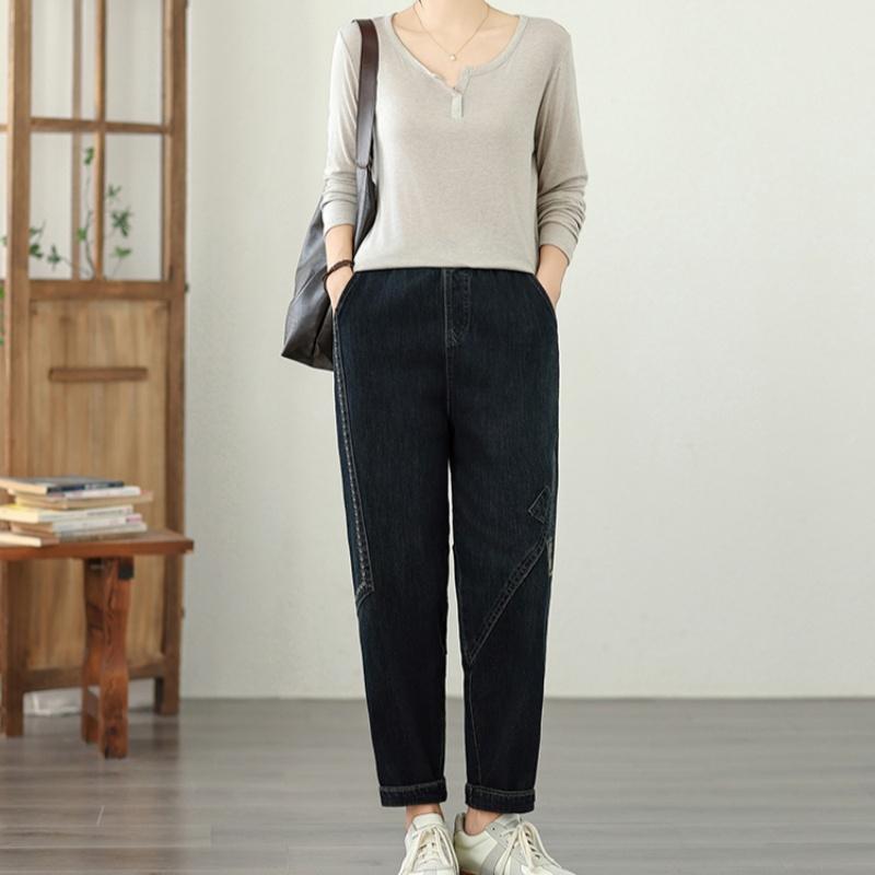 plus size Vintage embroidery high waist casual Women spring summer autumn jeans denim Harem Pants