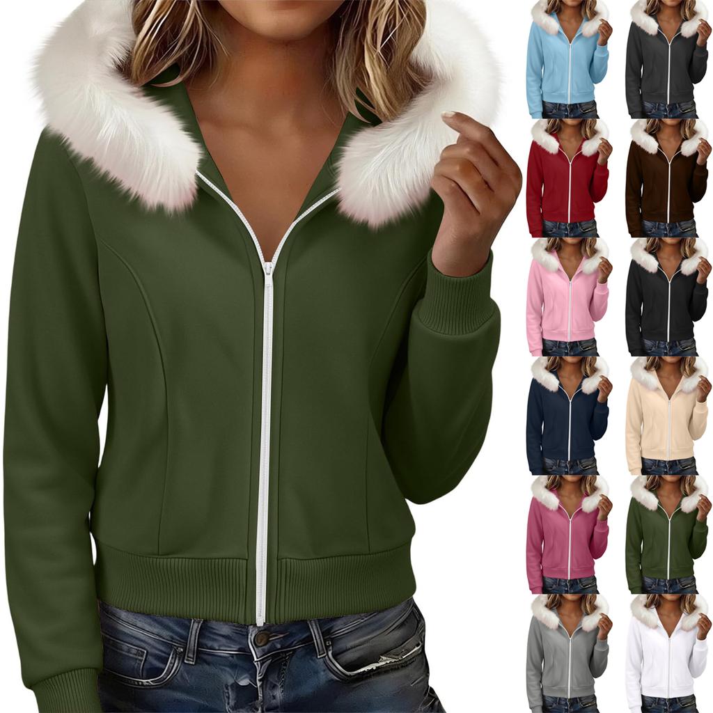 Women's Color Long Sleeve Hooded Zip Up Jacket with Pockets and Faux Collar