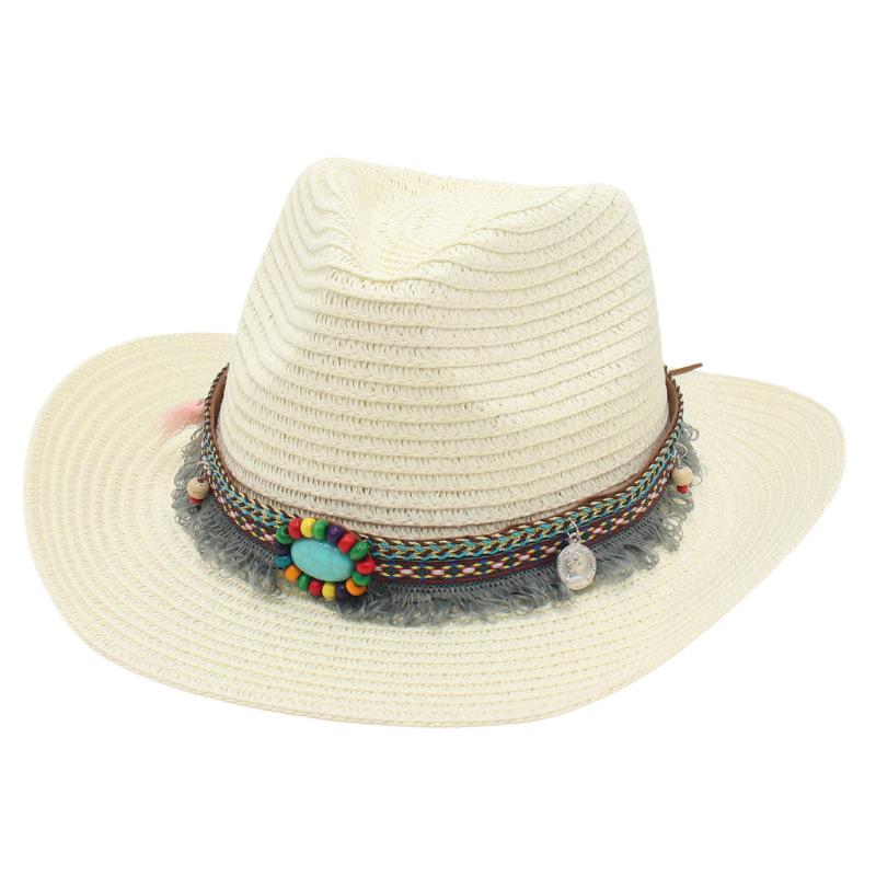 American Hot-Selling Straw Hat Turquoise Tibetan Tibetan Fringed Western Cowboy Ethnic Style Hat Warped Edge Performance Top Hat