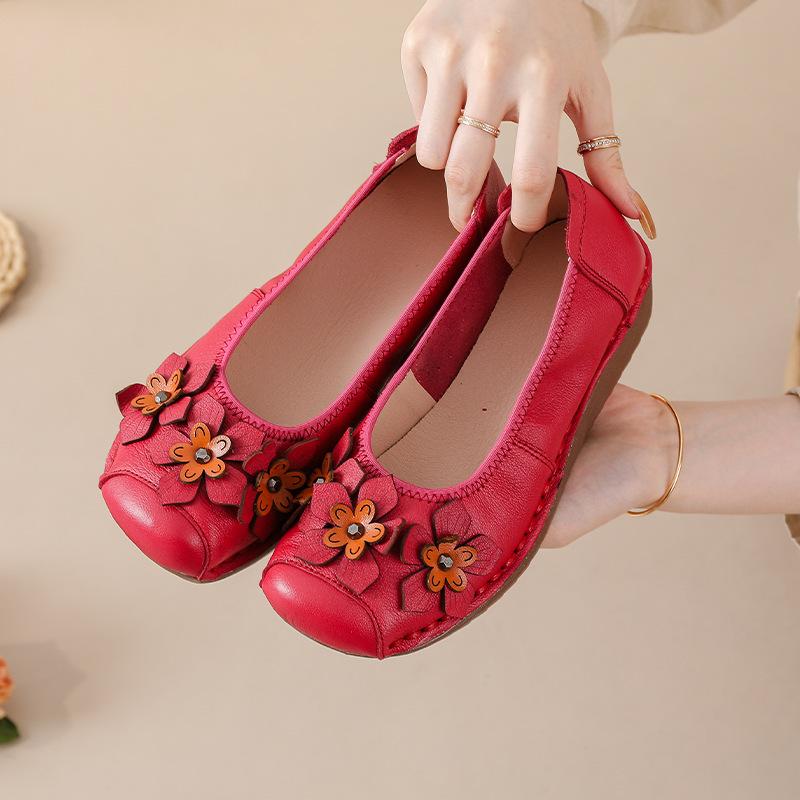 Shallow Single Shoes, Genuine Leather Women's Shoes, Shoe Flowers, One Pedal, Doudou Round Head Thick Sole, Spring and Autumn