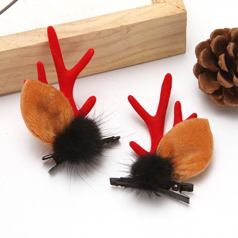 Japanese & Korean Style Flocked Coral Antler Ears Hair Clip for Christmas Photo Shoots