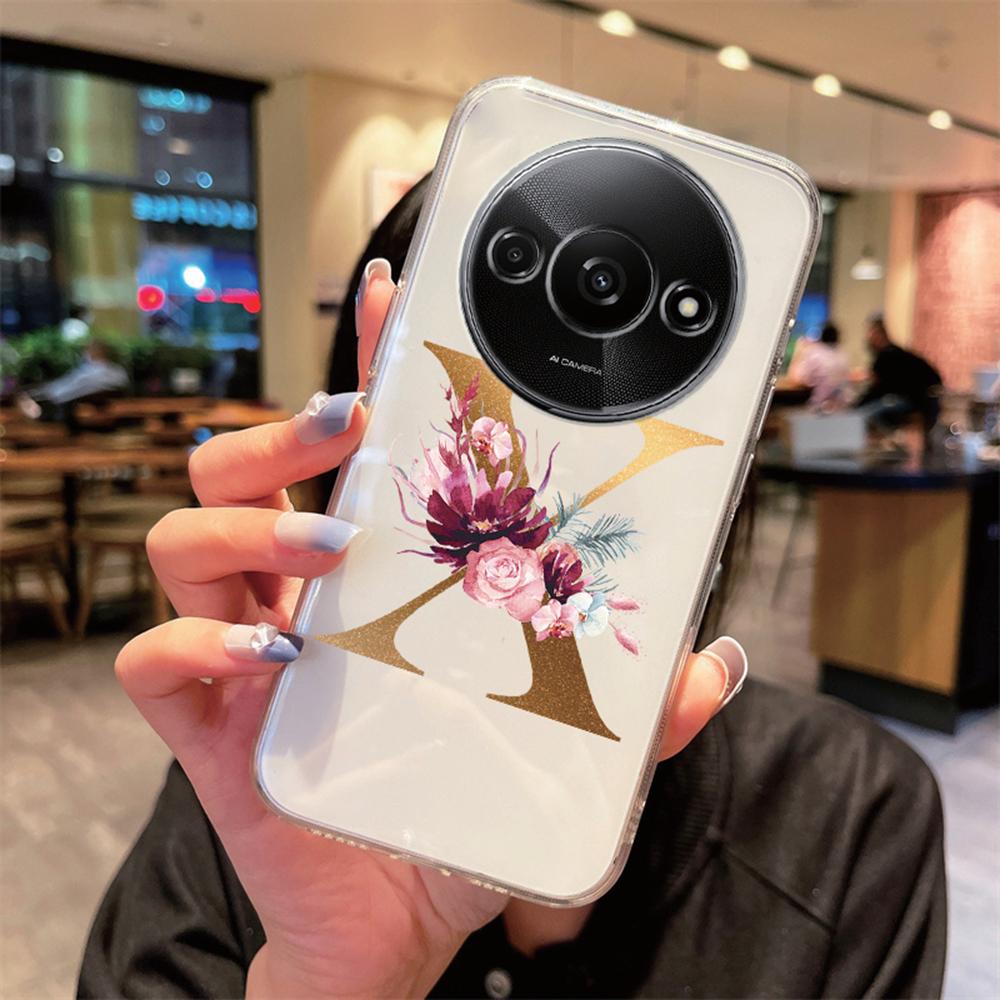 Phone Case For Xiaomi Redmi A3 Redmia3 Transparent Silicone Camera Protection Colorful Flowers Golden Letters A-Z Clear Cover